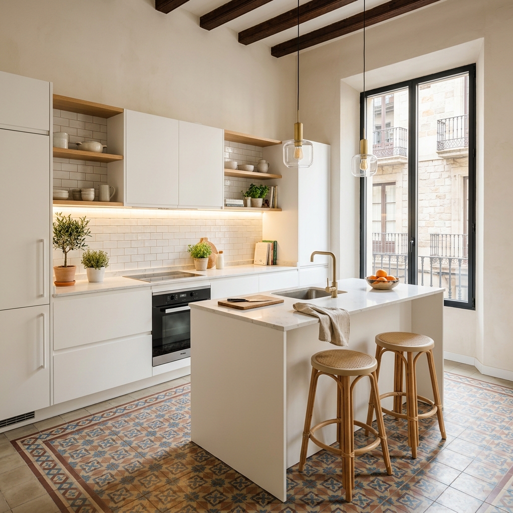 Cocina moderna abierta al salón reformada en Valencia