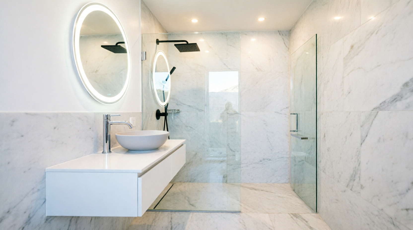 Baño moderno reformado con azulejos grises y mueble flotante de madera