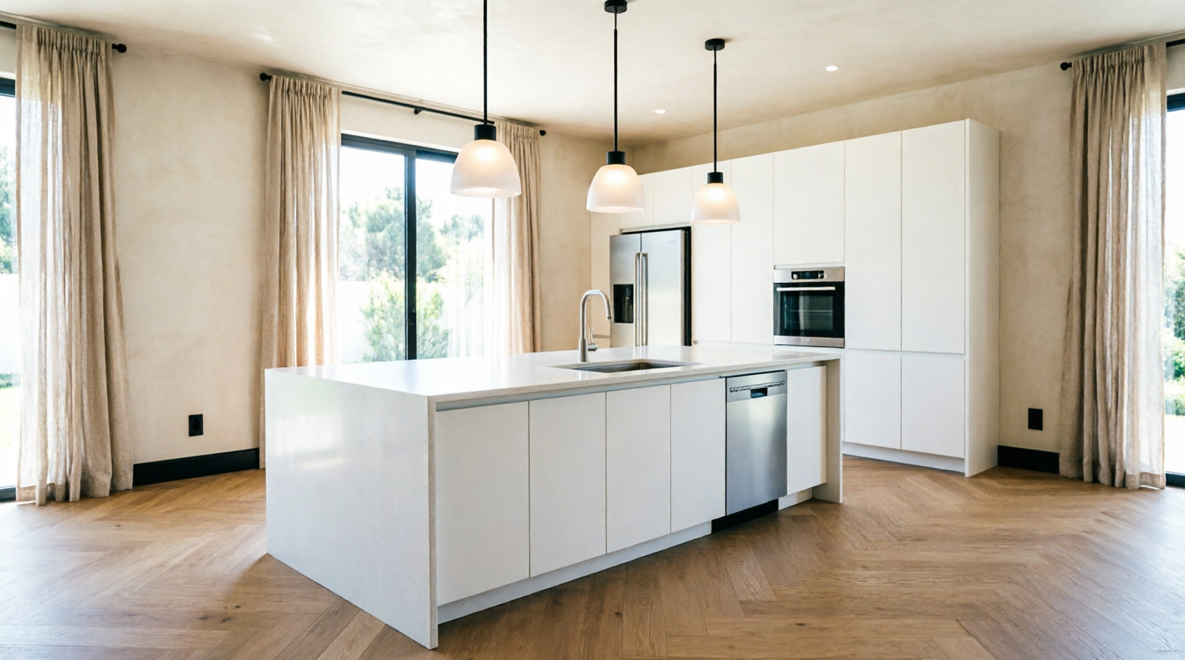 Cocina de diseño contemporáneo en tonos blancos con iluminación LED integrada