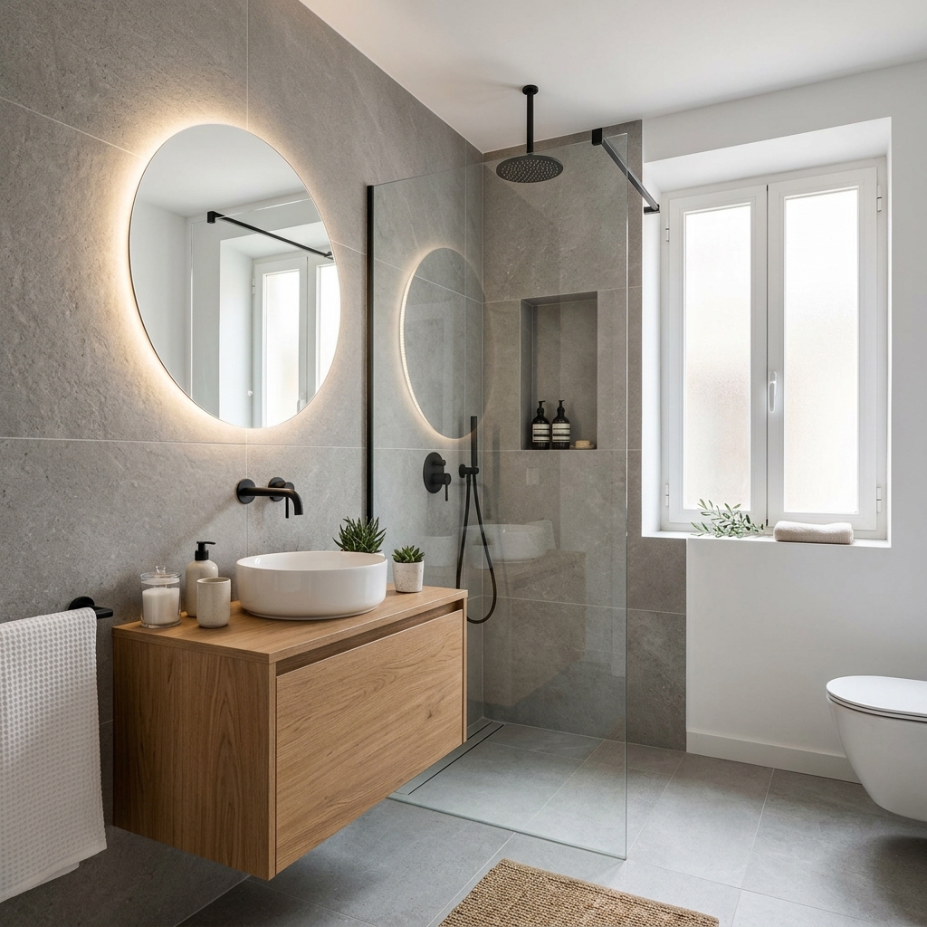 Reforma de baño moderno con plato de ducha en Valencia